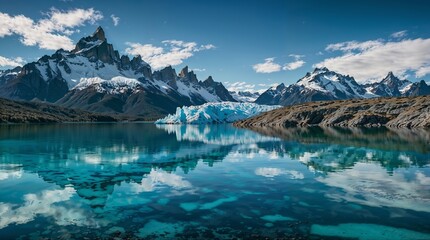 A majestic glacier and mountain range are beautifully reflected in a crystal-clear lake under a bright blue sky - Powered by Adobe