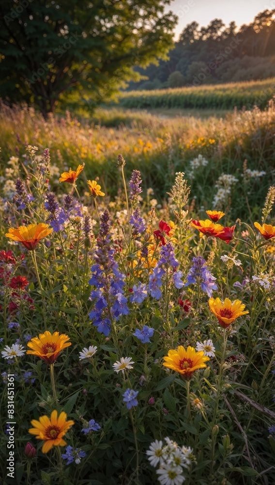 Canvas Prints Field covered in various wildflowers and colorful blooms under clear sky