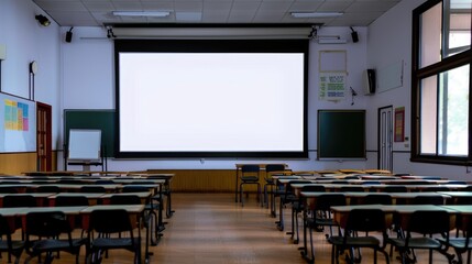 Large white screen in classroom