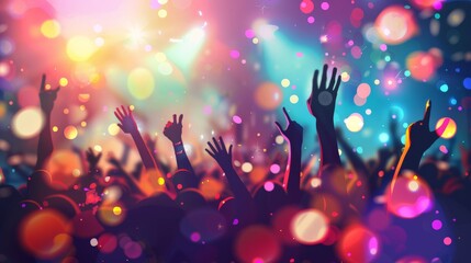 Joyful crowd with hands raised at a lively music festival. Energetic audience enjoying a live concert with bright stage lights and a festive atmosphere. Great for themes of celebration and enjoyment.
