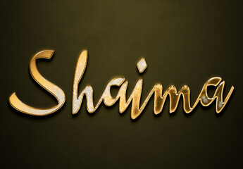 Old gold text effect of Arabic name Shaima with 3D glossy style Mockup.