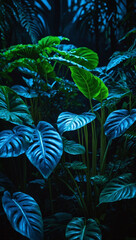 Lush jungle leaves bathed in electric blue neon glow, adding an otherworldly atmosphere to the verdant scene.