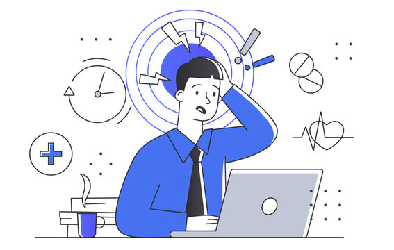 stressed man with headache at laptop clip art preview