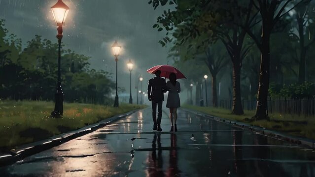 Couple Walking Hand-in-Hand Under an Umbrella on a Rainy Night