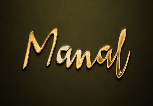Old gold text effect of Arabic name Manal with 3D glossy style Mockup.