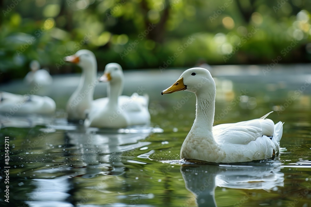 Poster Graceful white ducks leisurely swim on a serene water surface amidst lush greenery