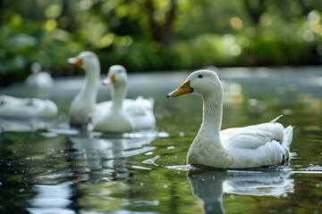 Fototapeta premium Graceful white ducks leisurely swim on a serene water surface amidst lush greenery