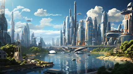 a futuristic city with skyscrapers and a large body of water