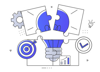 Concept of business idea, business thinking, creativity with light bulb and puzzle. Aspiration, inspiration, creativity. Abstract metaphor. Linear flat vector illustration on white background