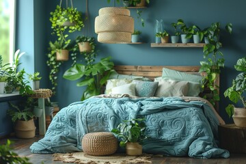 Bohemian bedroom with teal and green decor, hanging plants, and natural elements creating a cozy and eclectic vibe