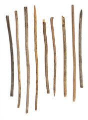 set old long wooden sticks isolated on white background