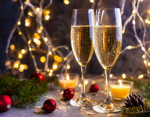 Two champagne glasses and Christmas decorations arranged on a bright background