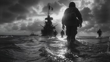 French soldier and comrades wade through shallow waters toward a beach, with a battleship in the background under a dramatic, cloudy sky