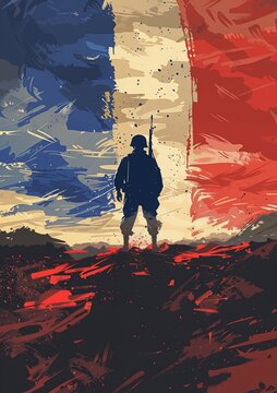 Silhouette of soldier against abstract french flag background