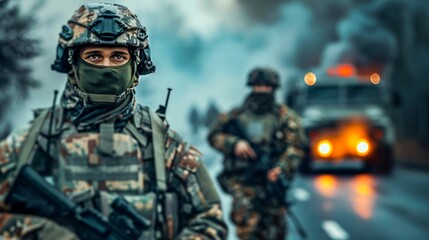 Soldiers in Tactical Gear on Battlefield. Generative ai