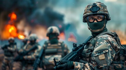 Soldiers in Tactical Gear on Battlefield. Generative ai