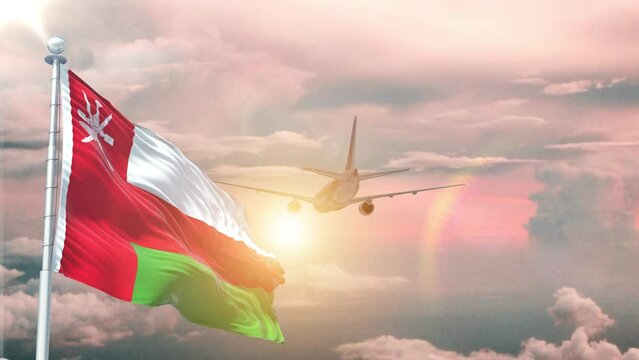 Oman flag Waving Realistic With Sky Plane Takes Off At Sunrise