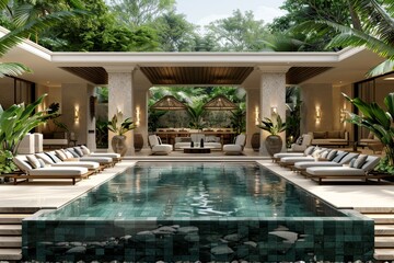 Luxurious outdoor lounge area with pool, tropical plants, and comfortable seating for a relaxing retreat