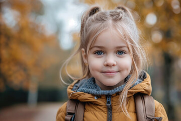 Fototapeta premium A happy little girl looking at camera ready to go back to school, early autumn