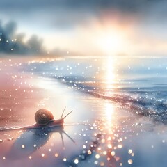 Naklejka premium Sunlit Seashore Serenity Snail Encounters Amidst Coastal Beauty Microstock Image