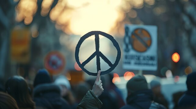 a person holding a peace sign in the middle of a crowd of people on a street at sunset