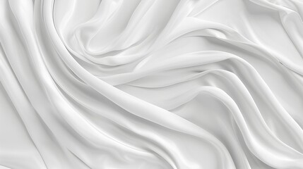 White silk fabric with waves of liquid flowing down, shown from above. A light, shadowy white background. An abstract white cloth texture for design, covering or banners. 