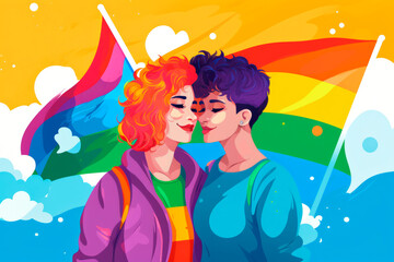 Illustration of young lesbians kissing on a background of a rainbow LGBT heart. LGBT Pride Month.