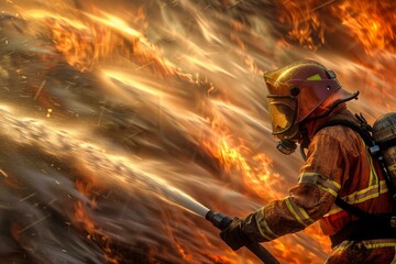 Naklejka premium Focused firefighter in full gear fights a fierce fire, exemplifying courage and dedication