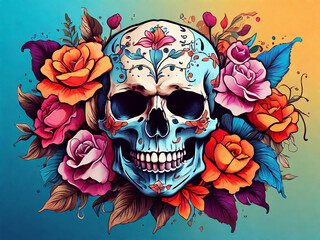 Skull with Tattoo and flowers bright colors solid background