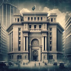 Naklejka premium State Bank of Pakistan: A Majestic Symbol of Financial Strength Karachi's Architectural Gem: The State Bank of Pakistan Classical Meets Modern: Exploring State Bank's Architecture Illuminating Karachi