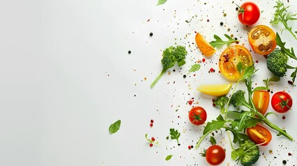  The background is white, with colorful vegetables scattered on the right side and green leaves falling from above.