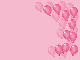 Pink  elegant, aesthetic, stylish backgrounds with balloons and ribbons. Holiday decoration.  Beautiful banner with balloons for Birthday and celebration.