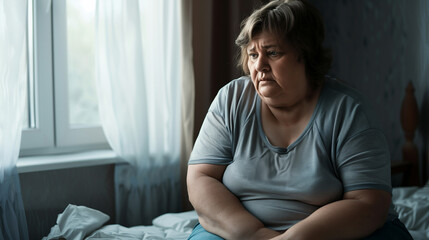 A sad, lonely, overweight old  woman in a blue blouse sits on the bed near the  window.
