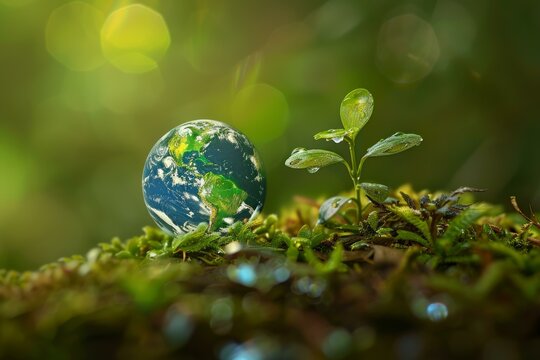 A conceptual image of a glossy earth globe nestled among vibrant green plants