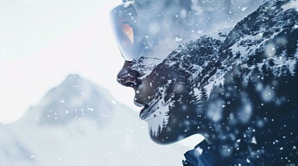 Double exposure skier silhouette in snowy mountains, alpine landscape background.