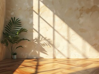 A room with a plant and a window. The plant is in a pot and the window is letting in sunlight. The room is empty and has a simple, clean look