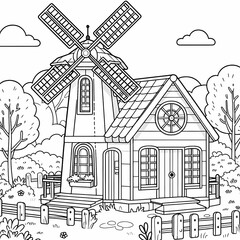 Fototapeta premium A coloring page featuring a farm with a windmill, barn, and fence.