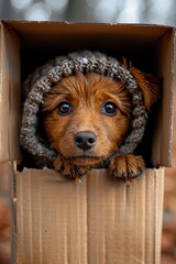 Cute doggy sticking its head out of the hole in a brown cardboard box