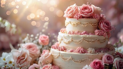 Elegant Wedding Cake Adorned With Flowers