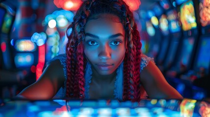 Young woman playing video games in a game parlor