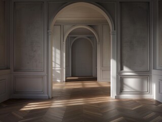 Fototapeta premium A large, empty room with a long archway and white walls. The room is very spacious and has a lot of natural light coming in through the windows. The atmosphere is calm and serene