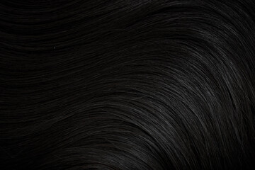 Brunette or black hair. Female long dark hair in black. Beautifully laid curls. Closeup texture in...