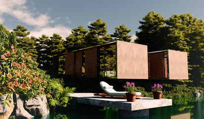 modern low-energy house in the forest by a lake - 3d illustration