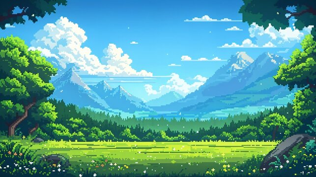 Minimalist pixel art landscape, showcasing rolling hills and a clear sky with a nostalgic feel