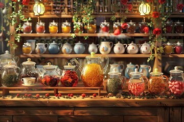 A table is filled with a variety of jars, each holding different contents. The scene is bustling with options and choices for the viewer. Generative AI