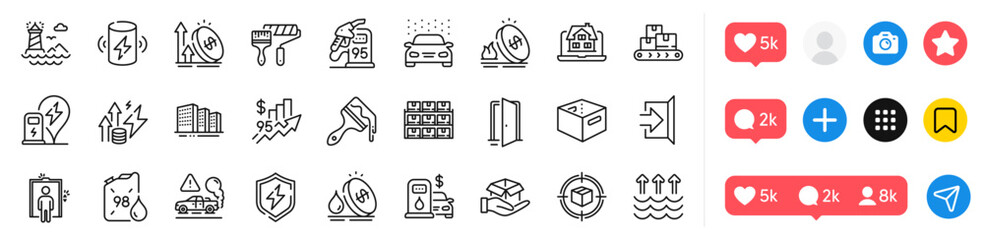 Car wash, Elevator and Hold box line icons pack. Social media icons. Brush, Realtor, Parcel tracking web icon. Charge battery, Exhaust, Open door pictogram. Exit, Buildings, Evaporation. Vector