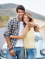 Couple, portrait and happy hug for road trip for love, freedom and vacation adventure together. Care, man and woman travel for holiday, people and outside for driving celebration with smile.