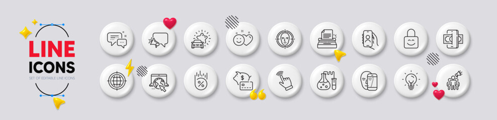Chemistry lab, Loan percent and Lock line icons. White buttons 3d icons. Pack of Piggy bank, Smile, Internet icon. Cursor, Face biometrics, Brand ambassador pictogram. Vector