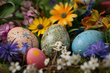 Decorative easter eggs surrounded by vibrant spring blooms signify celebration