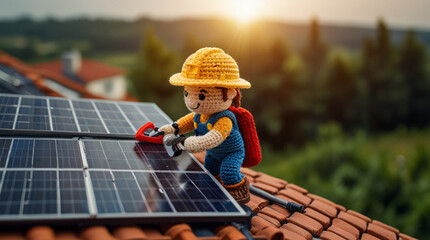 Miniature Crochet Characters - Workers Installing Solar Panels on a House Roof